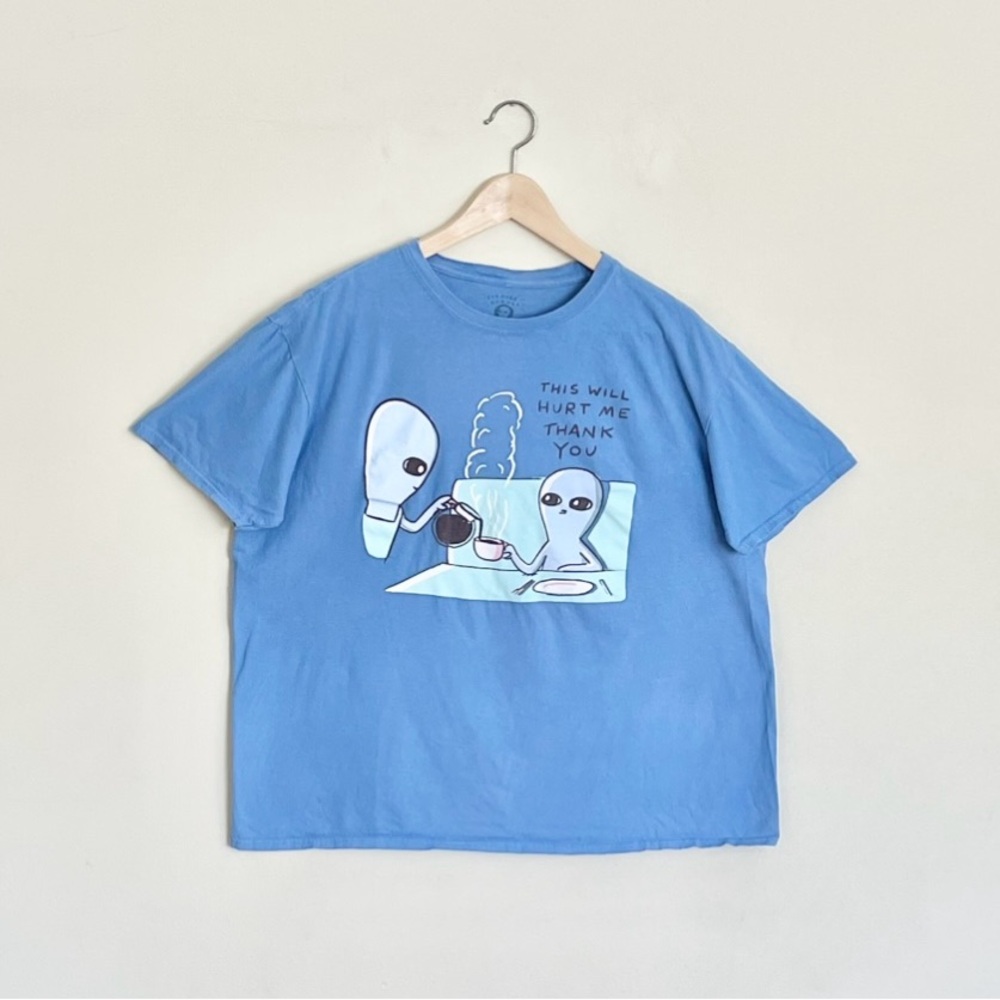 Strange Planet Alien Coffee Graphic Blue Funny T Shirt Women’s size XL